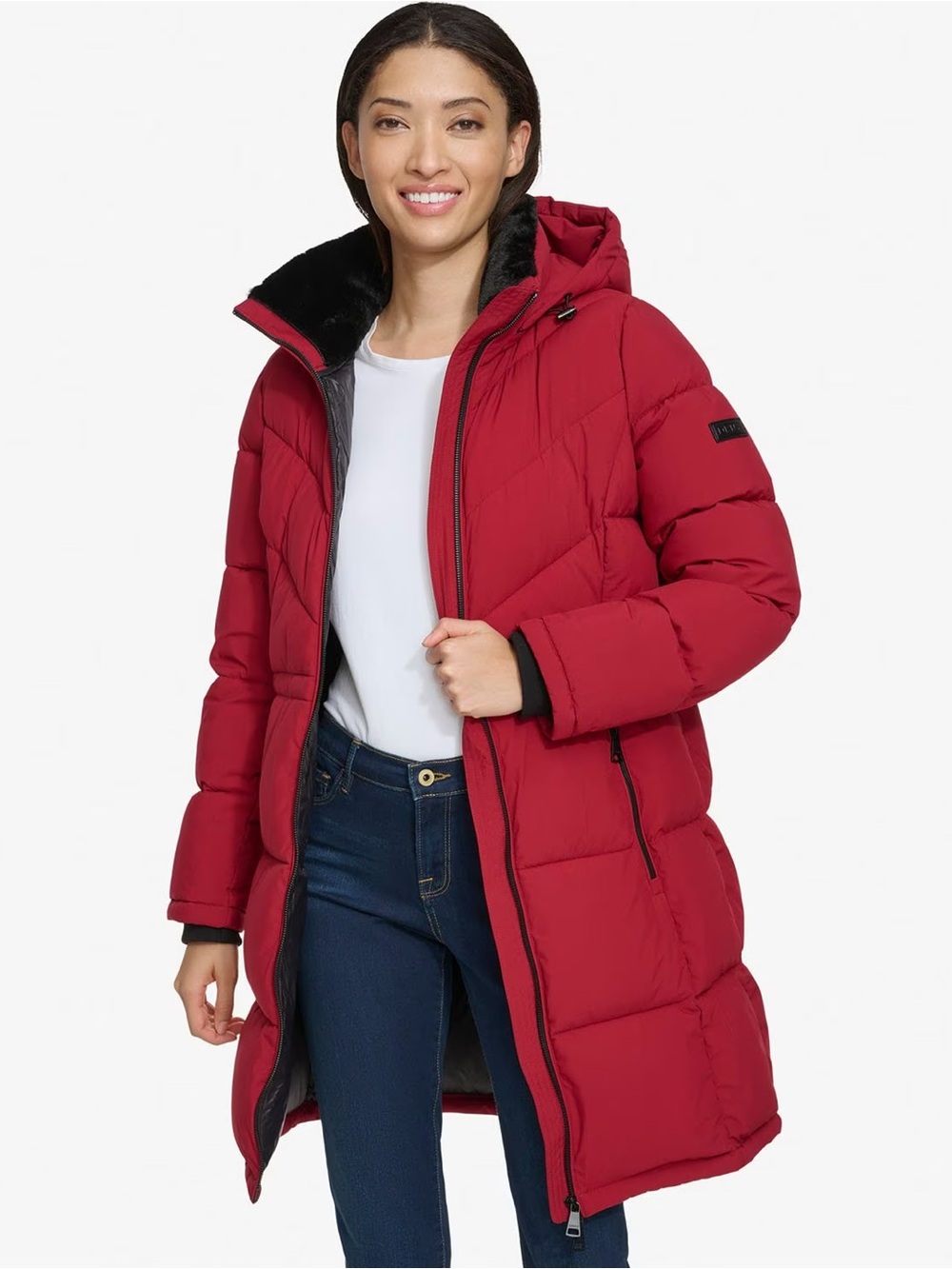 DKNY Women's Walker-length Puffer Coat W/Hood and Adjustable Internal Drawcord